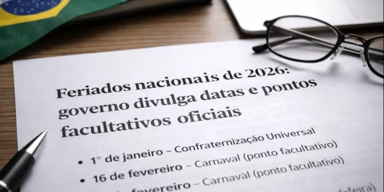 Documentos oficiais sobre os feriados nacionais de 2026 com datas e pontos facultativos.