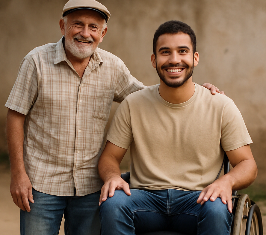 foto Idoso com jovem em cadeira de rodas sorrindo Homem idoso com boné e camisa xadrez sorri ao lado de jovem sentado em cadeira de rodas em ambiente externo