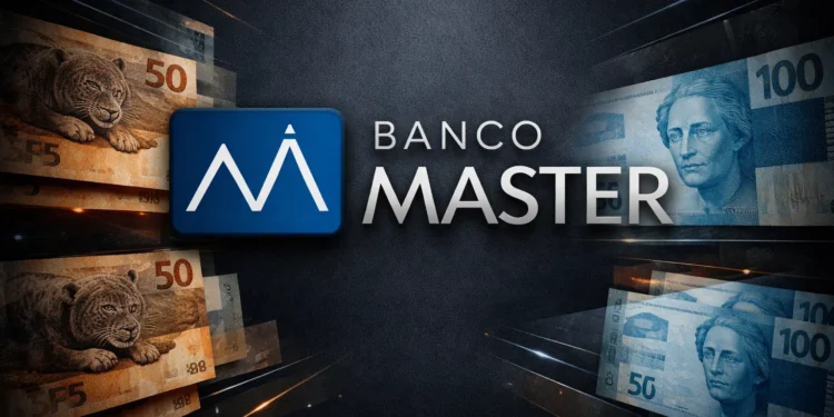 Logo do Banco Master ao centro, com notas de 50 e 100 reais ao fundo.