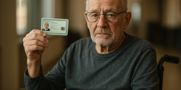 Idoso em cadeira de rodas exibe nova identidade; Detran‑RJ facilita emissão da nova identidade para idosos e pessoas com deficiência.