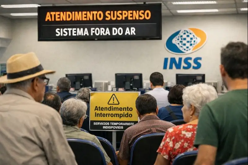Atendimento interrompido no INSS. Interior de uma agência do INSS com fila de cidadãos, incluindo idosos, aguardando atendimento interrompido, evidenciado por um aviso de 'Atendimento Interrompido' e a sinalização de sistema fora do ar.