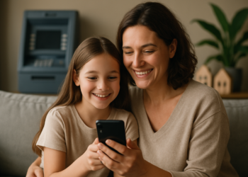 Mulher e menina sorrindo enquanto usam um smartphone em casa, caixa eletrônico ao fundo.