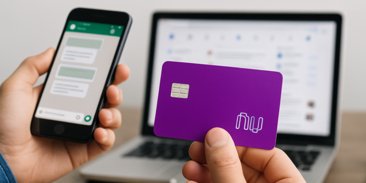 Mão segurando cartão Nubank roxo e celular com mensagens; alerta de boatos falsos em destaque.