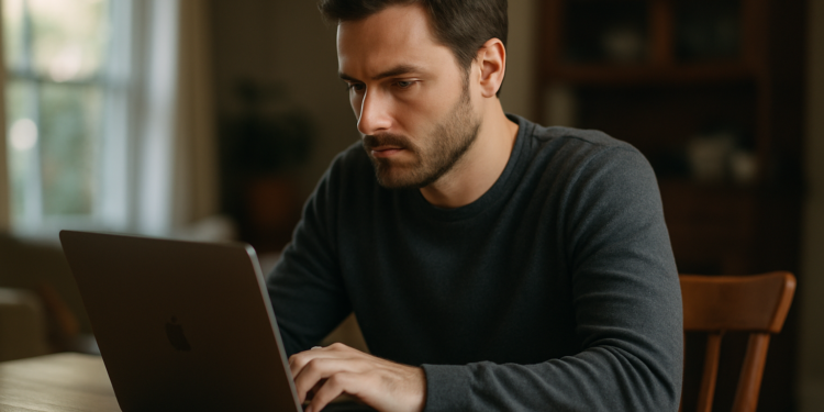 Homem concentrado trabalhando em laptop em casa.