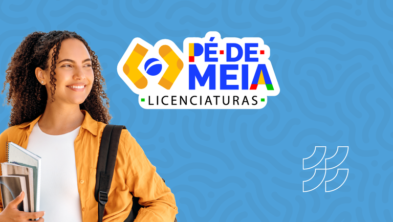 Pé-de-Meia Licenciaturas promove acesso universitário Jovem estudante sorridente com livros, logo Pé-de-Meia Licenciaturas ao fundo