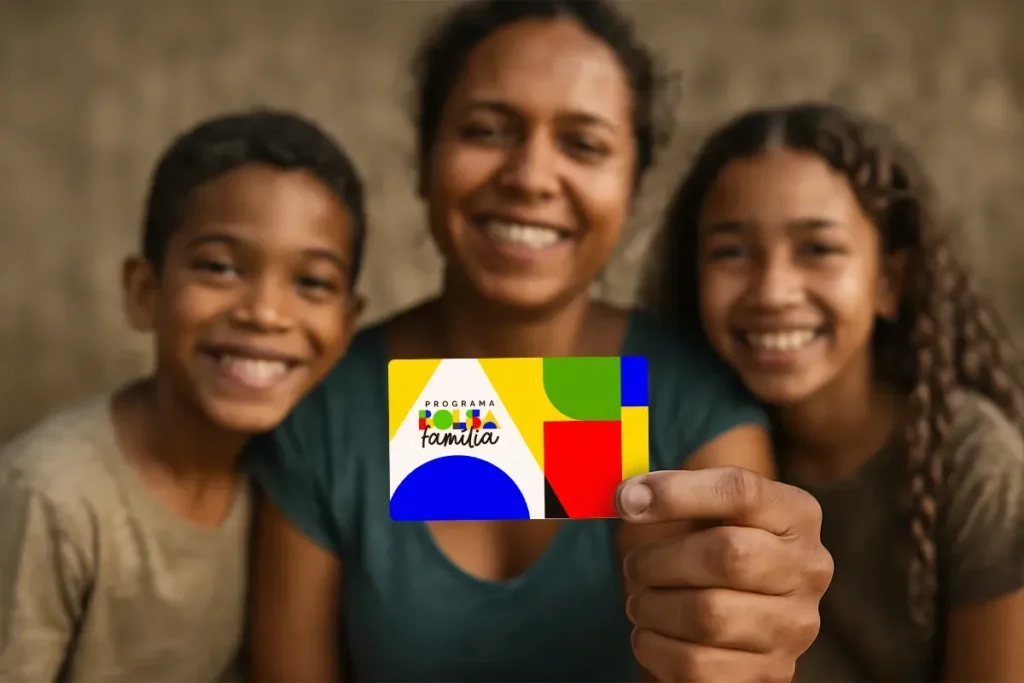 Quem tem direito ao pagamento do Bolsa Família. Mãe e duas crianças sorrindo, segurando o cartão do programa Bolsa Família.