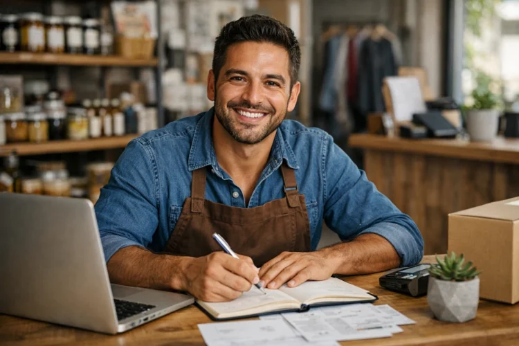 Renegociação para MEIs até Janeiro de 2026. Homem sorridente com avental, trabalhando em loja, anotando em caderno, cercado por itens de papelaria e notebook.