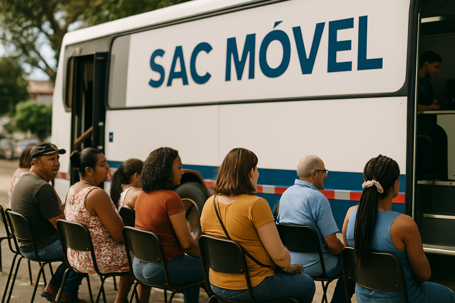 Atendimento Cidadão no SAC Móvel em 2026. Pessoas aguardam atendimento em frente ao ônibus do SAC Móvel em 2026.