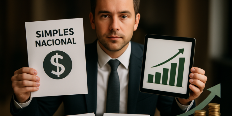 Empresário mostra cartaz do Simples Nacional e gráfico de crescimento ao lado de moedas empilhadas.