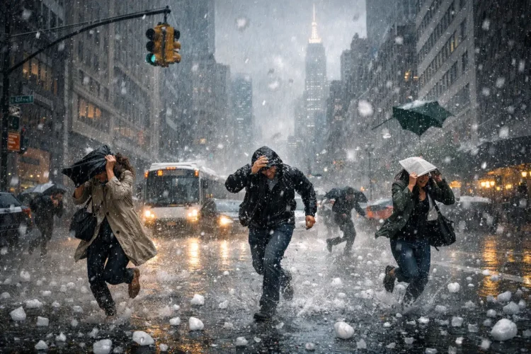 Alerta de tempestade nas regiões Sudeste do Brasil: chuvas intensas. Pessoas correm em chuva forte e granizo; alerta de tempestade nas regiões Sudeste do Brasil.