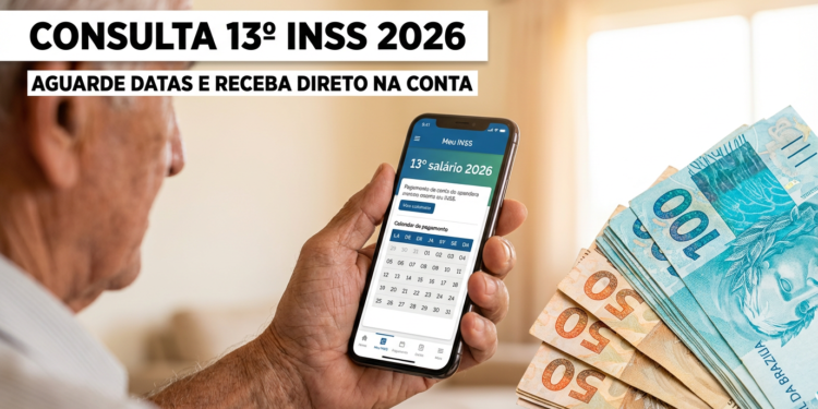 Idoso consulta app do INSS sobre o 13º salário 2026 enquanto segura notas de real