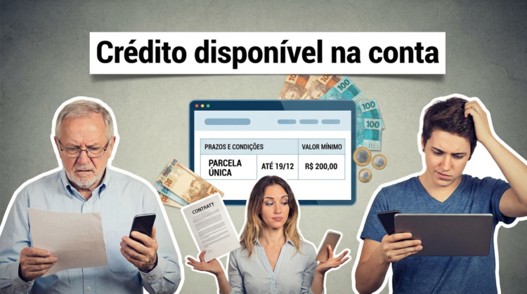 Antecipação do 13º salário do INSS pelo Bradesco Três pessoas verificando documentos e telas, com cédulas de real e aviso de crédito do 13º INSS antecipado pelo Bradesco.
