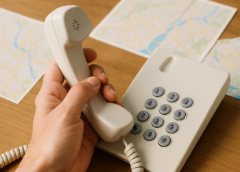 Mão segurando telefone fixo branco sobre mesa com mapas no fundo