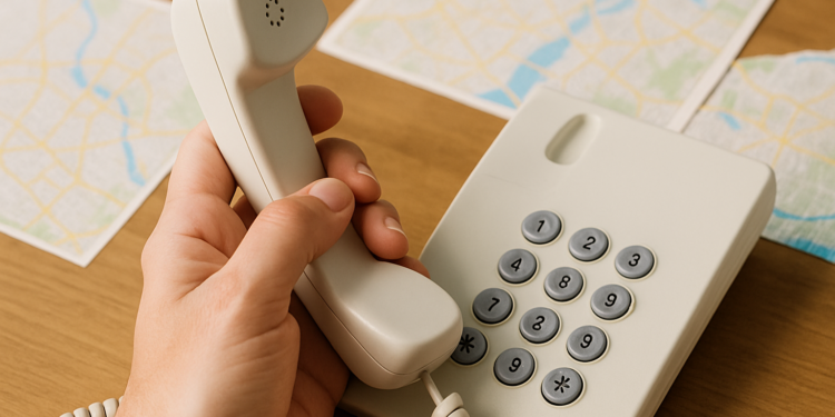 Mão segurando telefone fixo branco sobre mesa com mapas no fundo