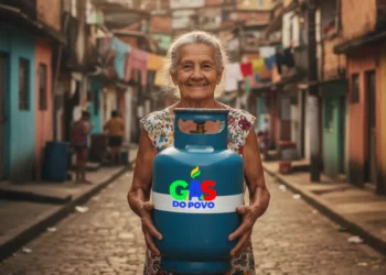 Mulher idosa sorrindo segura botijão azul do Gás do Povo em rua de favela