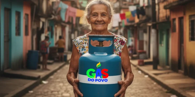 Mulher idosa sorrindo segura botijão azul do Gás do Povo em rua de favela