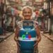 Mulher idosa sorrindo segura botijão azul do Gás do Povo em rua de favela