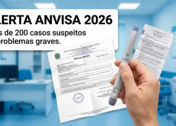 Mão segurando caneta de emagrecimento, bula e laudo médico em consultório moderno.