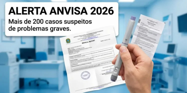 Mão segurando caneta de emagrecimento, bula e laudo médico em consultório moderno.