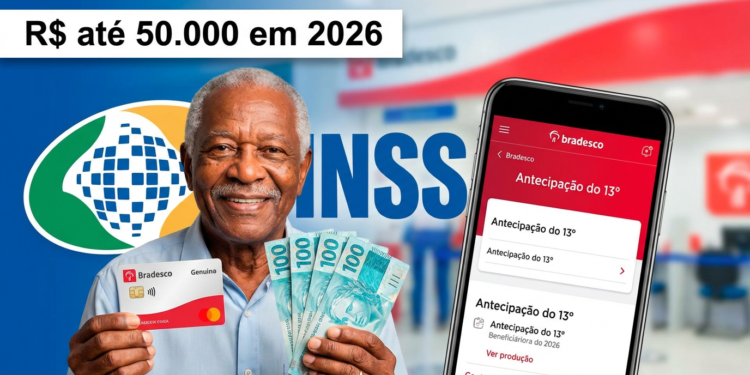 Idoso sorrindo segura cartão Bradesco e cédulas de R$ 100 ao lado de celular com app antecipação INSS 2026.