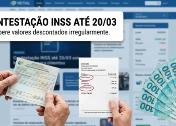Mãos seguram comprovantes de descontos e notas de R$ 100 em frente a tela de site do INSS.