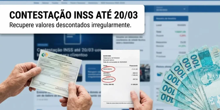 Mãos seguram comprovantes de descontos e notas de R$ 100 em frente a tela de site do INSS.