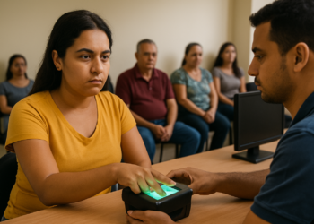 Jovem colocando dedo em leitor biométrico, atendente ao lado, pessoas aguardando ao fundo