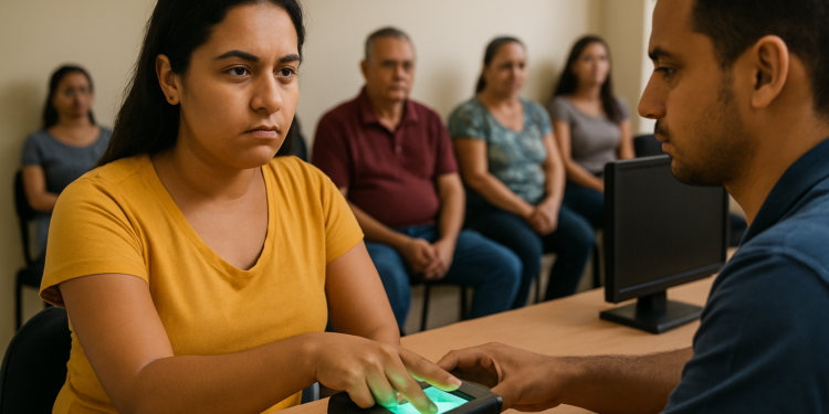Jovem colocando dedo em leitor biométrico, atendente ao lado, pessoas aguardando ao fundo