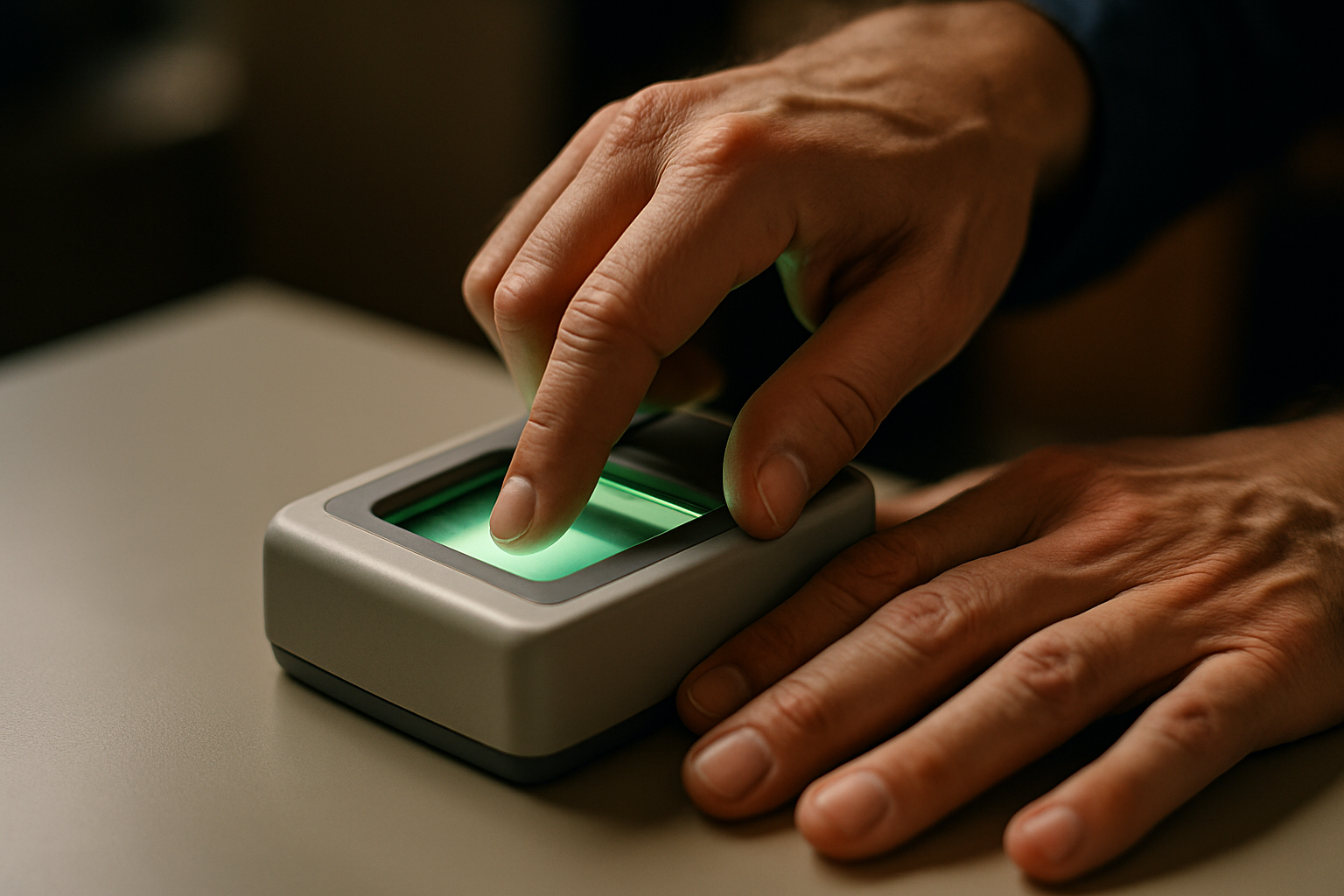 Leitor biométrico para autenticação digital Pessoa colocando dedo em leitor biométrico