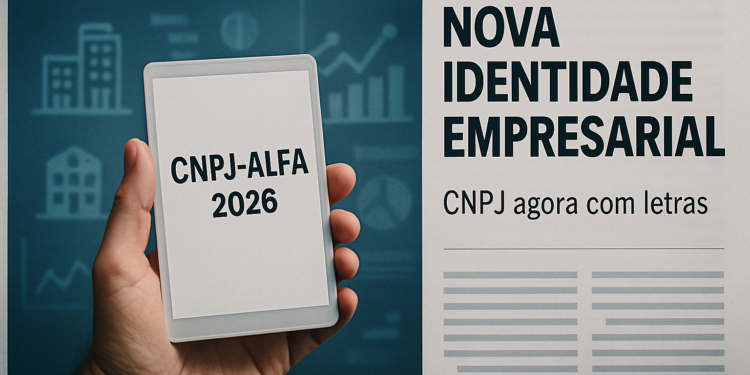 Mão segura tablet com texto “CNPJ-ALFA 2026” diante de tela com gráficos e notícia empresarial.