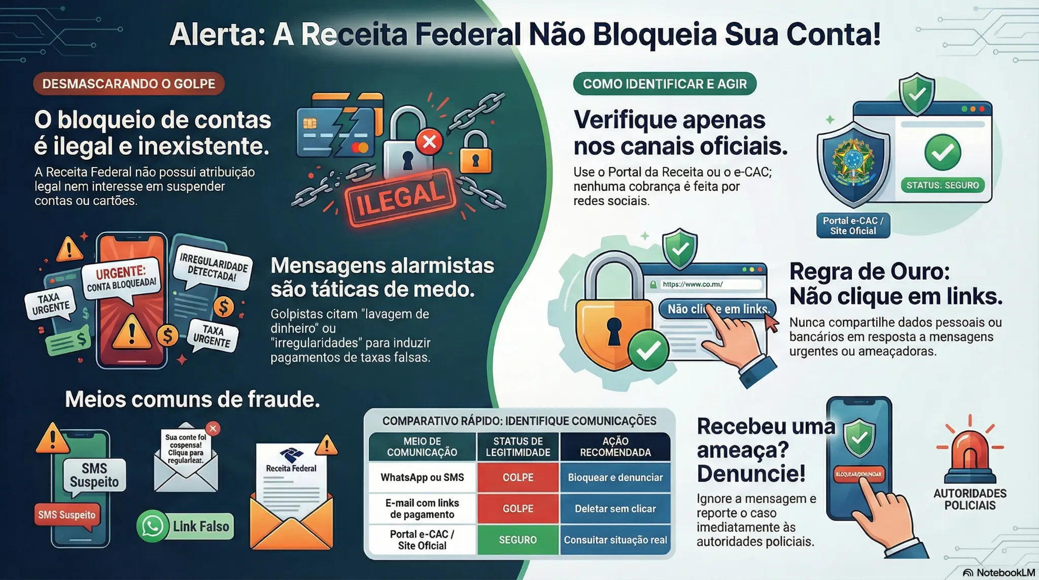 Infográfico educativo alerta sobre golpes financeiros e fake news. Ilustrações mostram celulares, cadeados e mensagens simulando bloqueio de contas financeiras junto a dicas de segurança.
