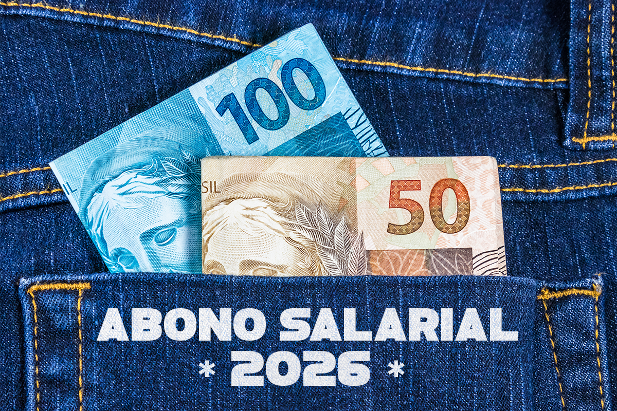 Abono salarial. Bolso com dinheiro e nome " abono salarial 2026".