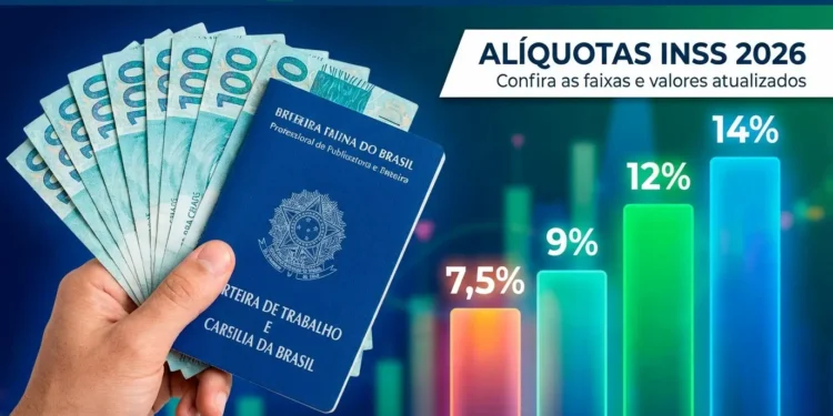 Mão segurando carteira de trabalho ao lado de notas de R$ 100 e gráfico de alíquotas do INSS.