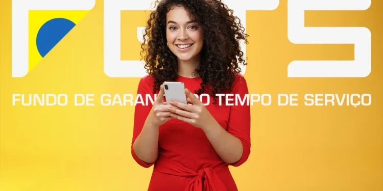Mulher sorridente de vestido vermelho usa smartphone com logo do FGTS ao fundo amarelo.