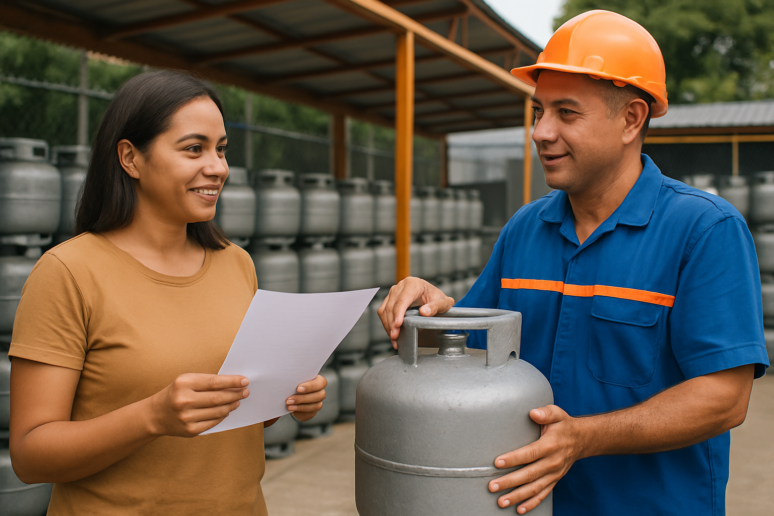 Atendimento em distribuidora para troca de gás do povo 2026 Mulher entregando documento a atendente com botijão de gás em distribuidora