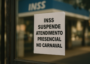 Cartaz branco com letras grandes anuncia suspensão do atendimento presencial no INSS durante o Carnaval