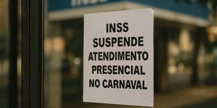 Cartaz branco com letras grandes anuncia suspensão do atendimento presencial no INSS durante o Carnaval