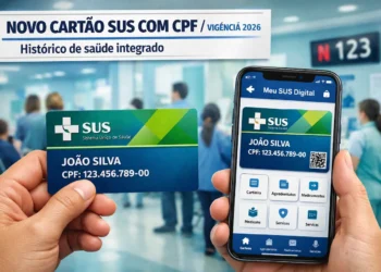 Mão segurando cartão SUS e celular exibindo versão digital do cartão em ambiente hospitalar.