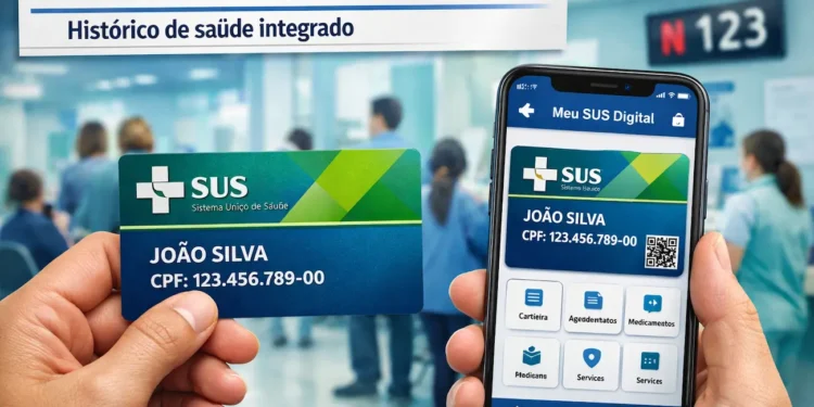 Mão segurando cartão SUS e celular exibindo versão digital do cartão em ambiente hospitalar.