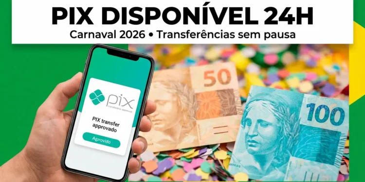 Mão segura smartphone com tela do PIX aprovada, notas de R$ 50 e R$ 100 ao fundo entre confetes.