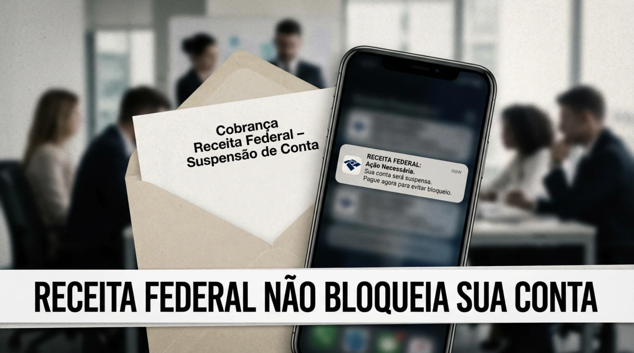 Notificação falsa de bloqueio bancário alerta sobre fraudes financeiras. Celular exibe mensagem falsa de bloqueio da Receita Federal ao lado de envelope com cobrança impressa.