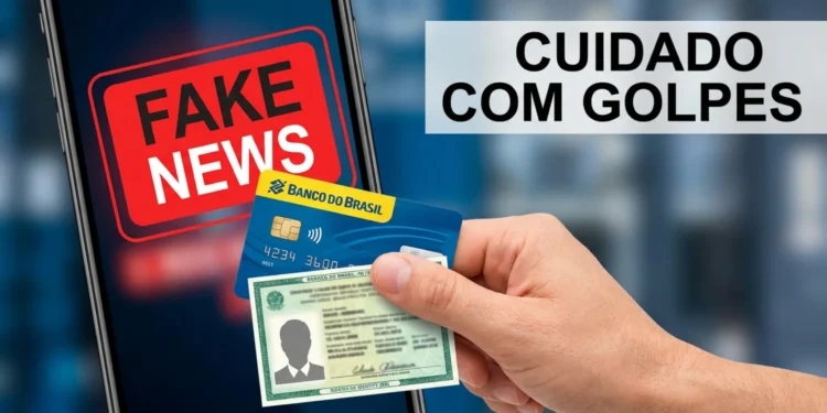 Mão segura cartão de banco e RG diante de celular exibindo aviso de fake news.