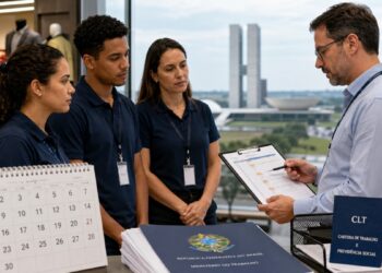 Três funcionários de loja, de camisa polo e crachá, observam um gestor apontar para uma planilha de escala de trabalho, ao lado de um calendário, da CLT e de um documento do Ministério do Trabalho, com o Congresso Nacional ao fundo, cenário da nova regra para o trabalho no comércio em feriados.