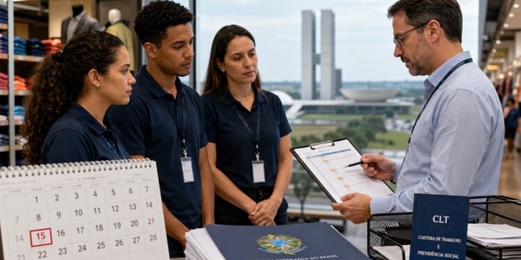 Três funcionários de loja, de camisa polo e crachá, observam um gestor apontar para uma planilha de escala de trabalho, ao lado de um calendário, da CLT e de um documento do Ministério do Trabalho, com o Congresso Nacional ao fundo, cenário da nova regra para o trabalho no comércio em feriados.