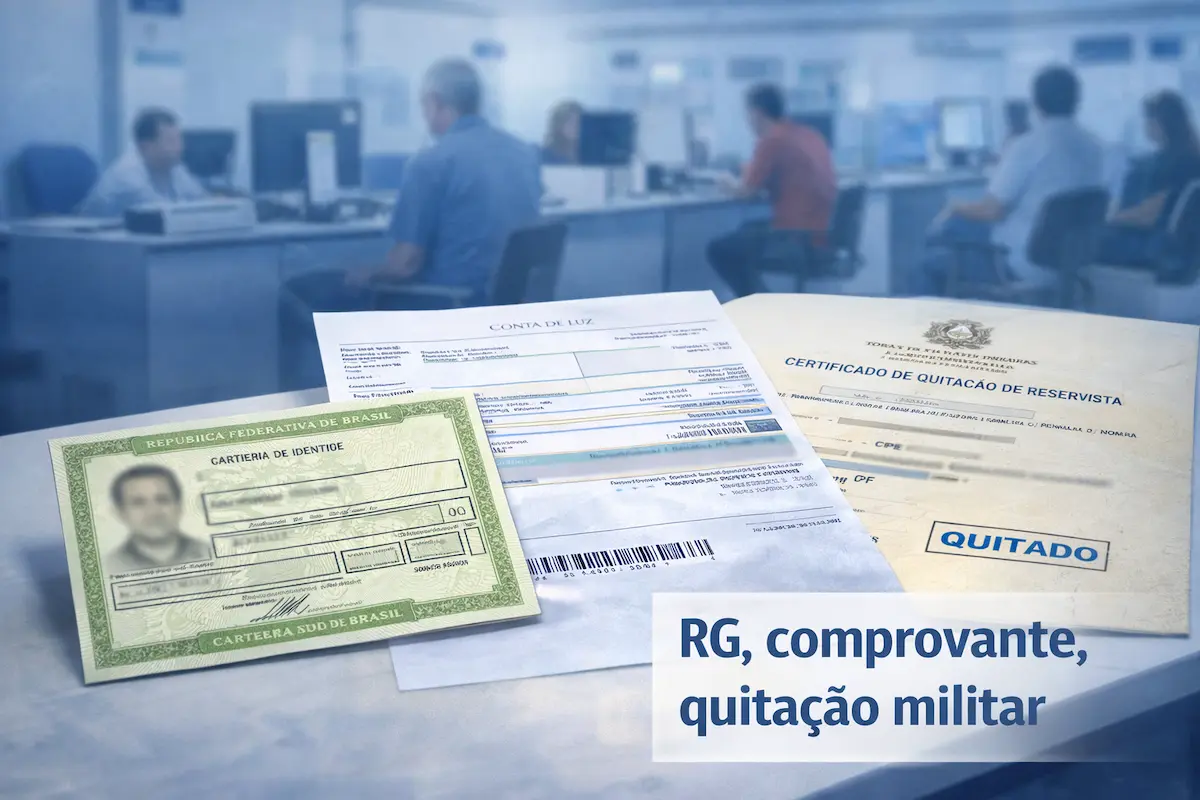 Documentos necessários para serviços eleitorais em 2026. RG, conta de luz e certificado de quitação militar sobre mesa em órgão público.