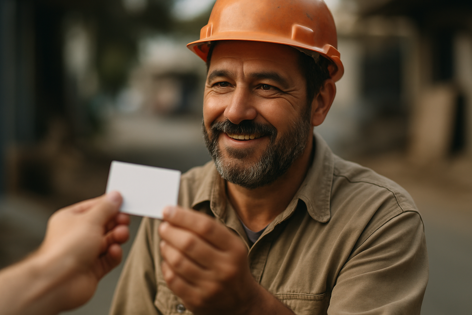 Trabalhador recebe cartão de vale-refeição com novas regras em 2026 Homem sorridente com capacete laranja recebe cartão branco de vale-refeição de outra pessoa