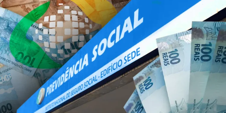 Fachada de uma agência da Previdência Social com notas de 100 reais em destaque, simbolizando o pagamento do 13º salário.