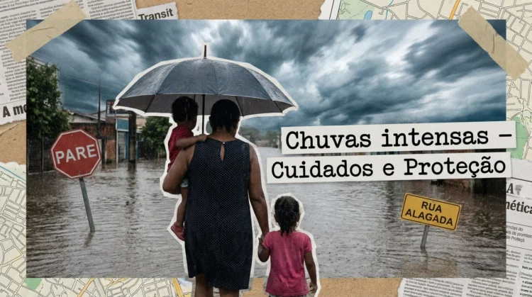 Mulher com duas crianças caminha em rua alagada segurando guarda-chuva diante de placas de alerta