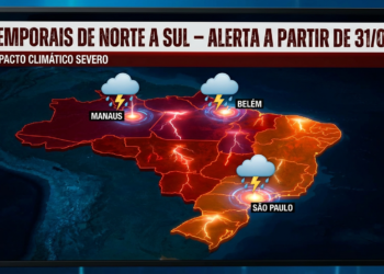 Mapa do Brasil destaca Manaus, Belém e São Paulo sob nuvens de temporais e raios