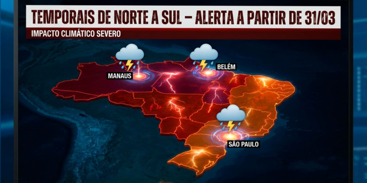 Mapa do Brasil destaca Manaus, Belém e São Paulo sob nuvens de temporais e raios